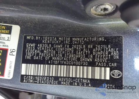 2012 Toyota Camry Le из США, поврежденный, VIN 4T1BF1FK0CU100730